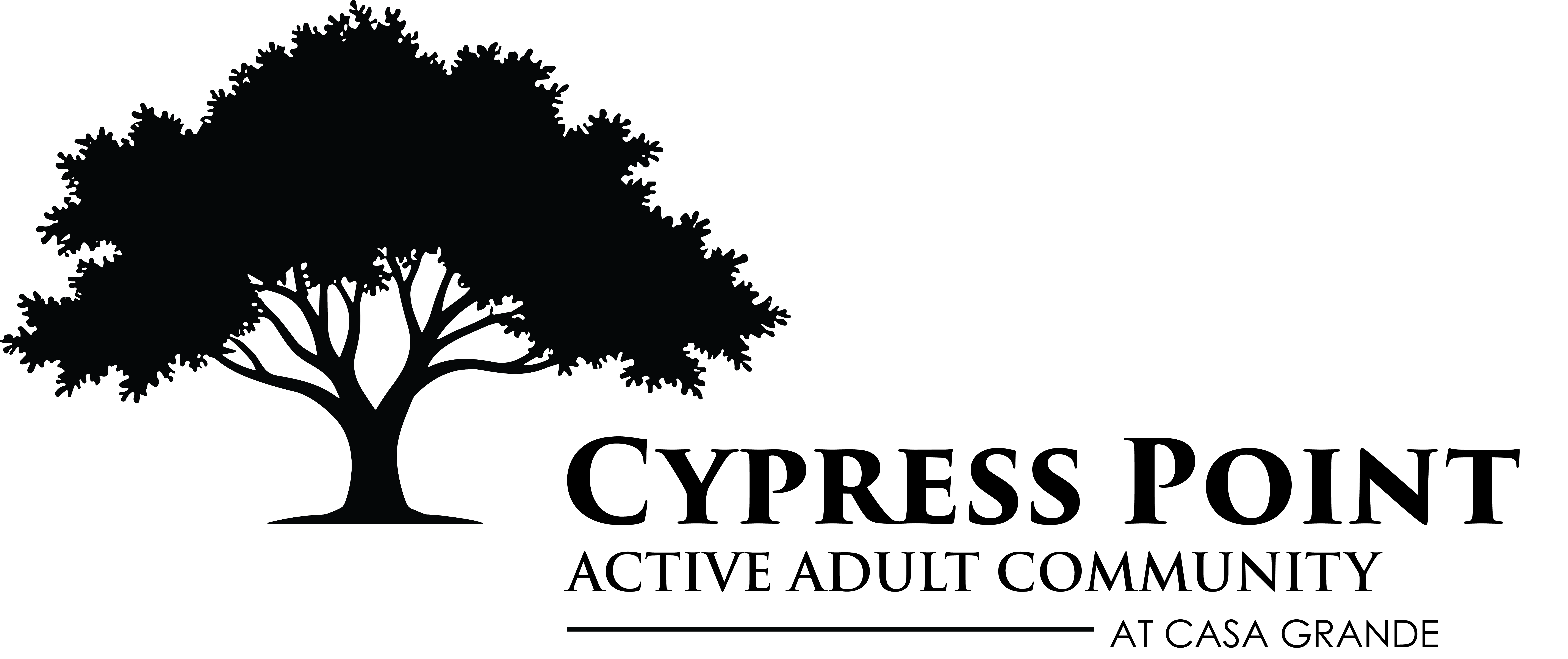 A logo for Cypress Point Active Adult Community at Casa Grande featuring a tree.